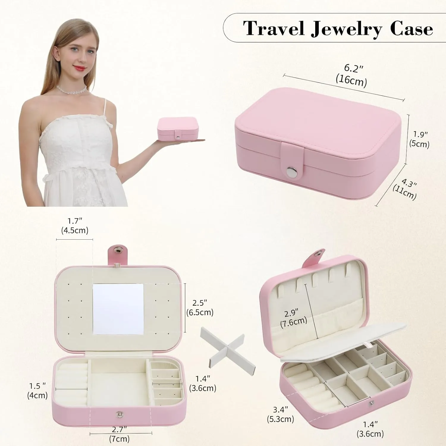 Travel Jewelry Case with Mirror, PU Leather Small Jewelry Boxes for Women, Portable Mini Travel Jewelry Organizer, Pink Jewelry box for Necklace, Earring, Ring, Bracelets,Christmas Gift for Women