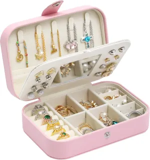 Travel Jewelry Case with Mirror, PU Leather Small Jewelry Boxes for Women, Portable Mini Travel Jewelry Organizer, Pink Jewelry box for Necklace, Earring, Ring, Bracelets,Christmas Gift for Women
