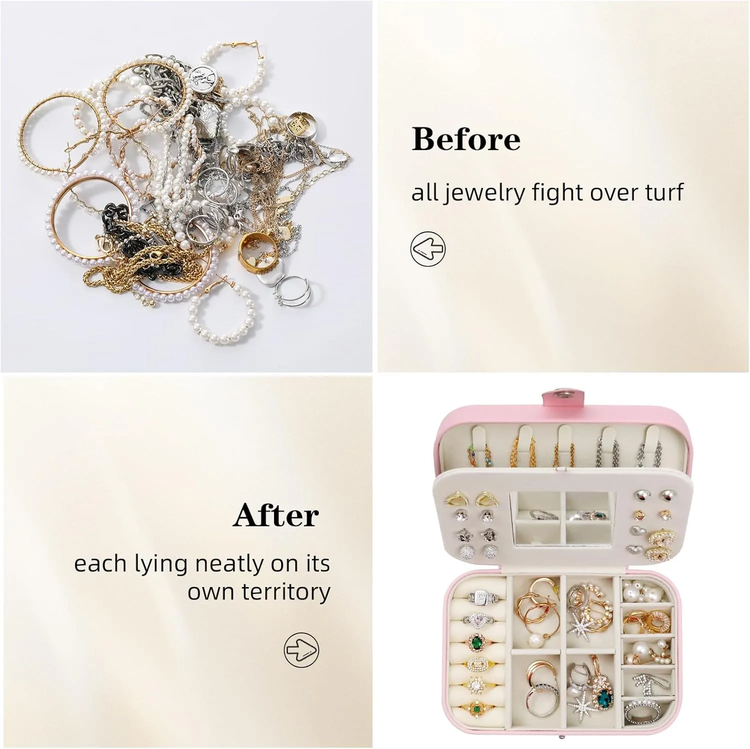 Travel Jewelry Case with Mirror, PU Leather Small Jewelry Boxes for Women, Portable Mini Travel Jewelry Organizer, Pink Jewelry box for Necklace, Earring, Ring, Bracelets,Christmas Gift for Women