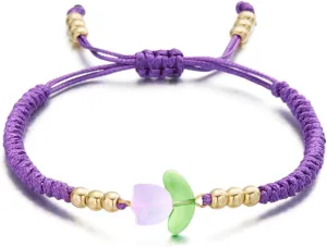 Tulip flower Bracelet for Women Simple Charm Cute Flower Bracelet Handmade Boho Adjustable Braided Rope Bracelet for Best Friends