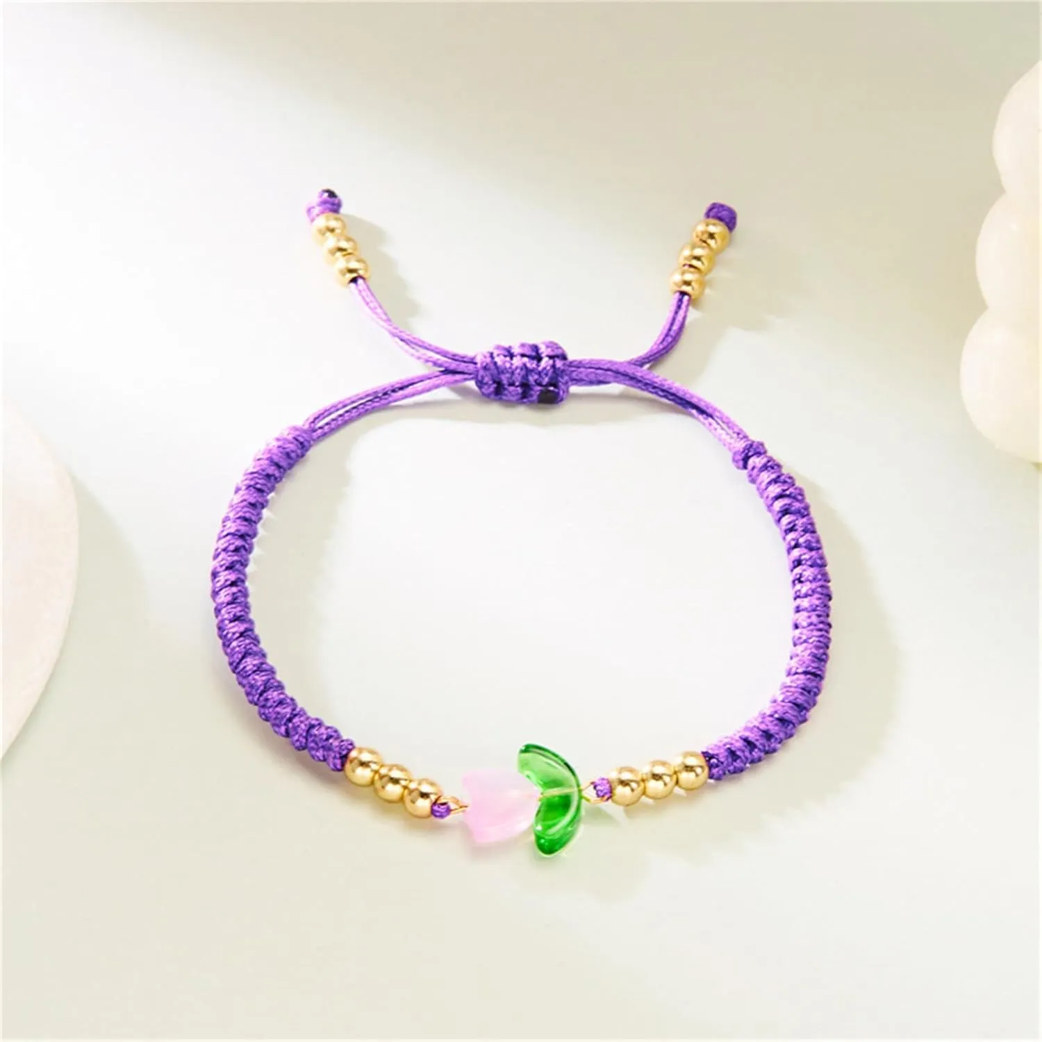 Tulip flower Bracelet for Women Simple Charm Cute Flower Bracelet Handmade Boho Adjustable Braided Rope Bracelet for Best Friends