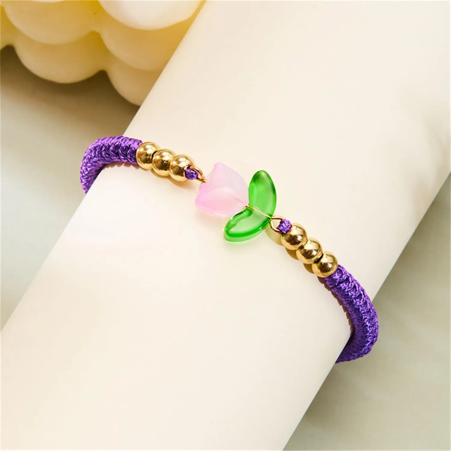Tulip flower Bracelet for Women Simple Charm Cute Flower Bracelet Handmade Boho Adjustable Braided Rope Bracelet for Best Friends