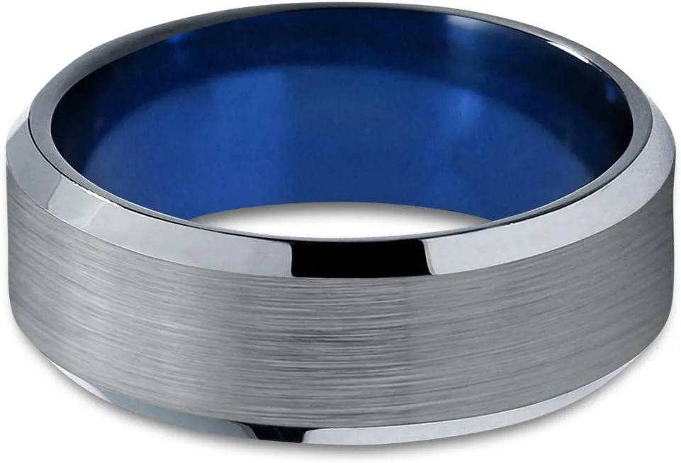 Tungsten Carbide Wedding Band Ring 8mm for Men Women Blue Black Beveled Edge Brushed Polished Personalized Custom Engraving Anniversary Engagement