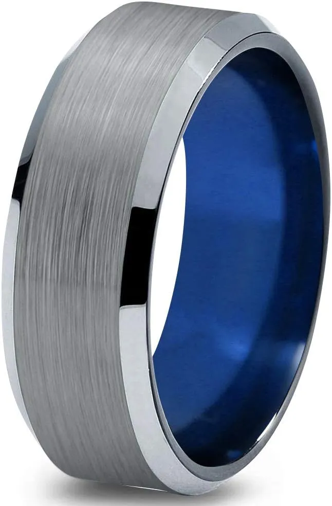 Tungsten Carbide Wedding Band Ring 8mm for Men Women Blue Black Beveled Edge Brushed Polished Personalized Custom Engraving Anniversary Engagement
