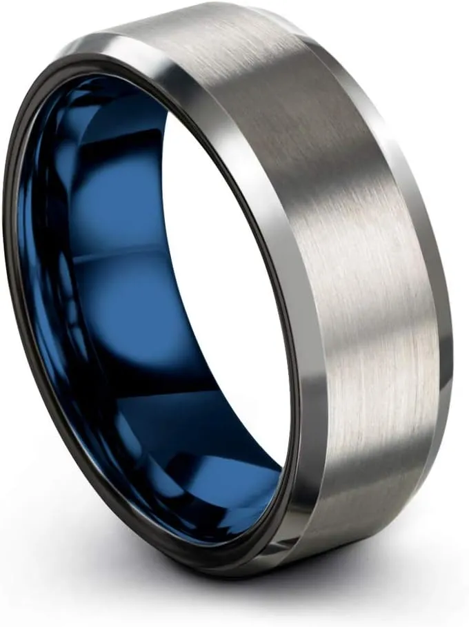 Tungsten Carbide Wedding Band Ring 8mm for Men Women Blue Black Beveled Edge Brushed Polished Personalized Custom Engraving Anniversary Engagement