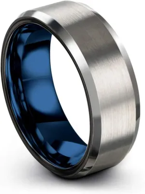 Tungsten Carbide Wedding Band Ring 8mm for Men Women Blue Black Beveled Edge Brushed Polished Personalized Custom Engraving Anniversary Engagement