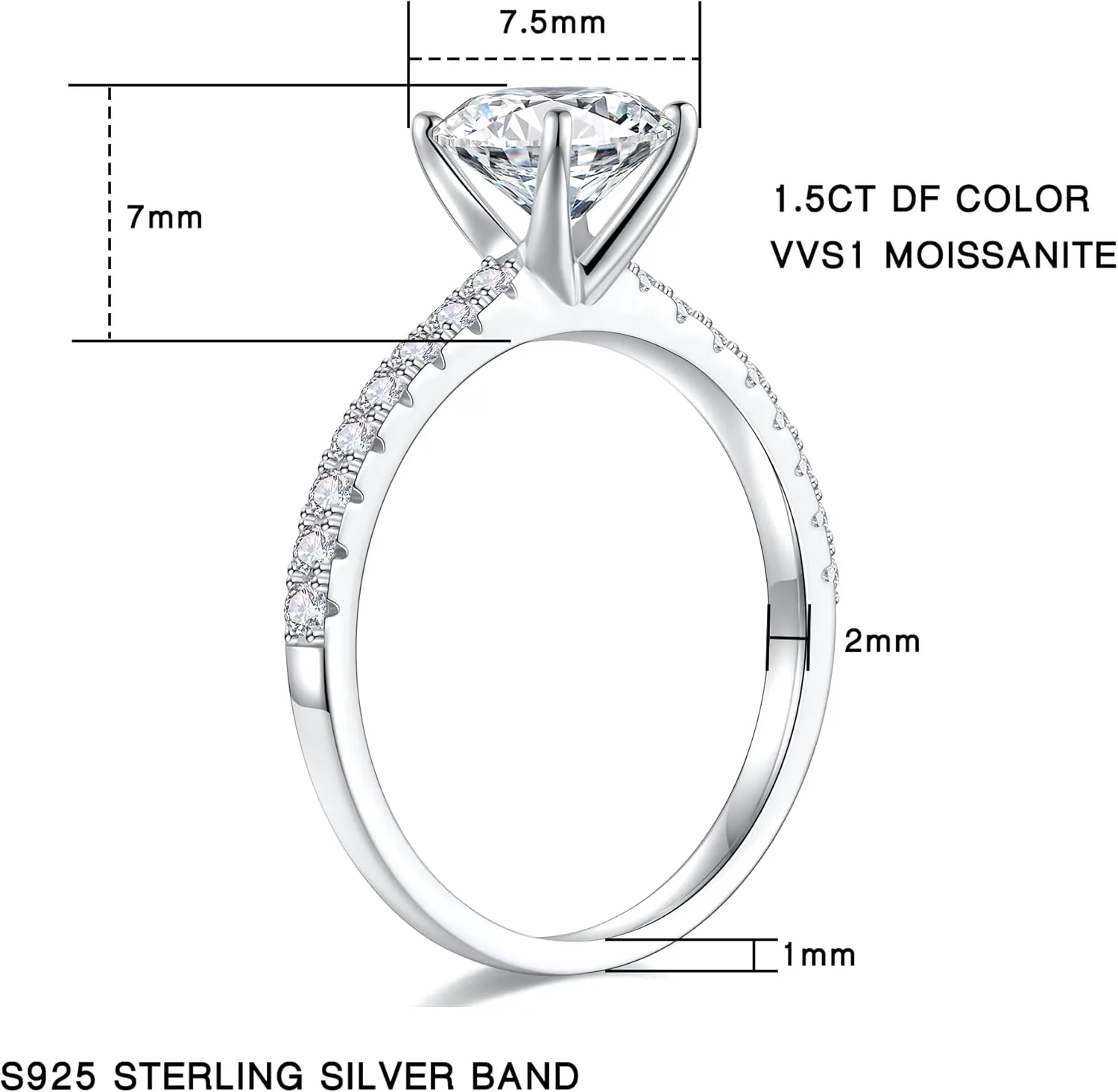 Turandoss 1.5CT Moissanite Rings for Women, D Color VVS1 Clarity Brilliant Round Cut Solitaire Lab Created Moissanite Ring Rhodium Plated Solid S925 Sterling Silver 4 Prong Moissanite Engagement Ring