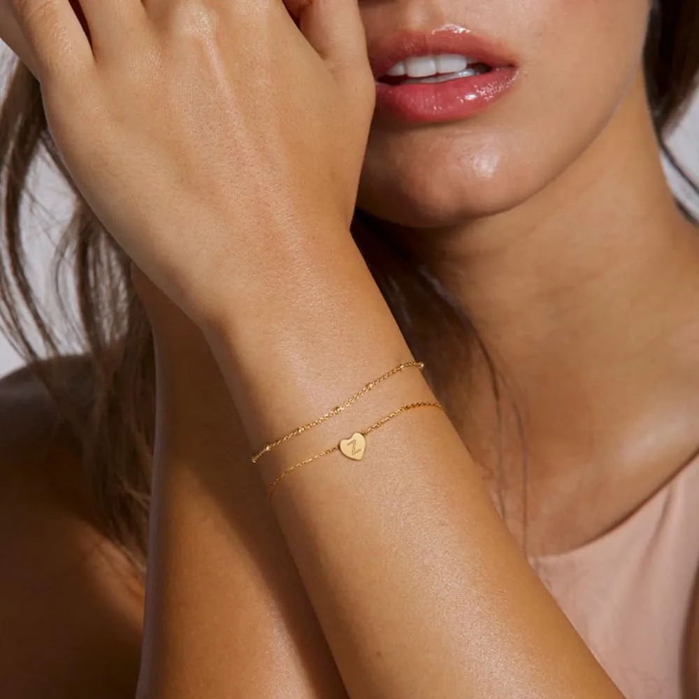 Turandoss Dainty Heart Initial Bracelets for Women Girls, 14K Gold Filled Handmade Personalized Letter Layered Heart Initial Bracelets for Women Teen Girls Jewelry Gifts