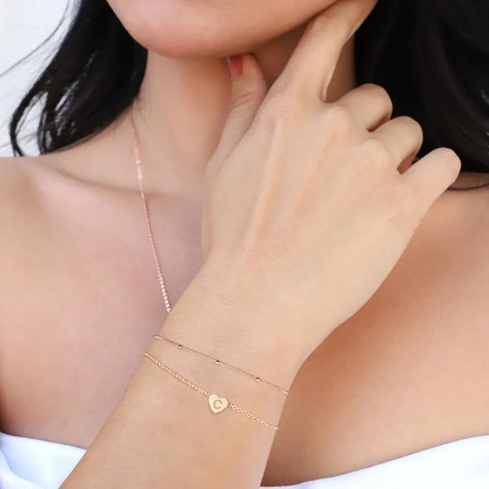 Turandoss Dainty Heart Initial Bracelets for Women Girls, 14K Gold Filled Handmade Personalized Letter Layered Heart Initial Bracelets for Women Teen Girls Jewelry Gifts