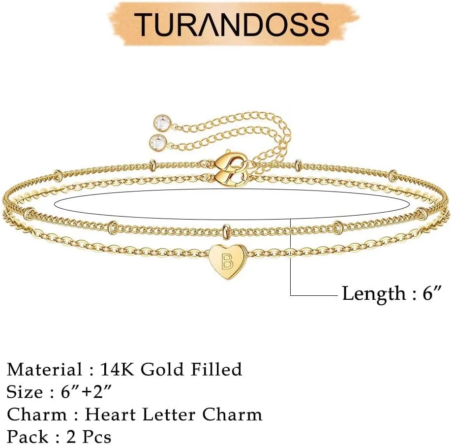 Turandoss Dainty Heart Initial Bracelets for Women Girls, 14K Gold Filled Handmade Personalized Letter Layered Heart Initial Bracelets for Women Teen Girls Jewelry Gifts