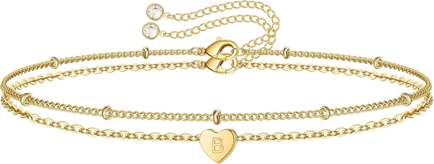 Turandoss Dainty Heart Initial Bracelets for Women Girls, 14K Gold Filled Handmade Personalized Letter Layered Heart Initial Bracelets for Women Teen Girls Jewelry Gifts