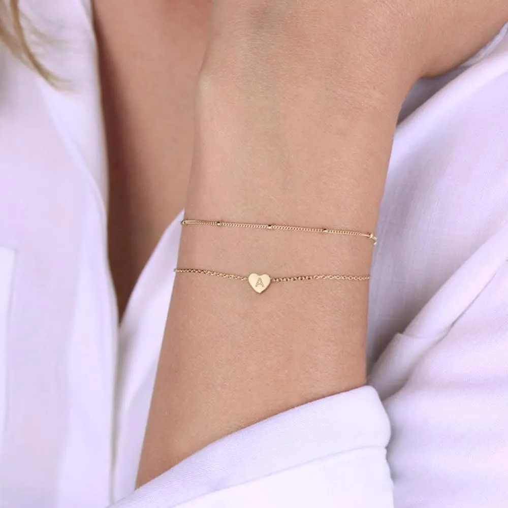 Turandoss Dainty Heart Initial Bracelets for Women Girls, 14K Gold Filled Handmade Personalized Letter Layered Heart Initial Bracelets for Women Teen Girls Jewelry Gifts