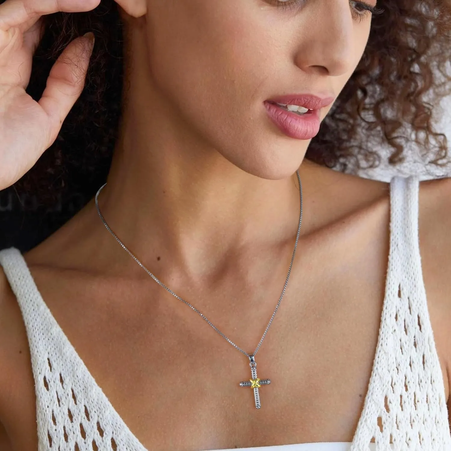 Two Tone Cross Necklace for Women, Religious Christian X Pendant with Box Chain, Modern Silver Gold Faith Jewelry Gifts