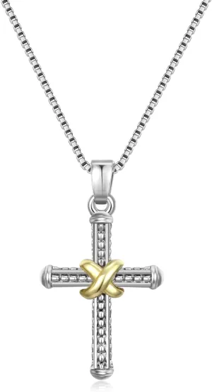 Two Tone Cross Necklace for Women, Religious Christian X Pendant with Box Chain, Modern Silver Gold Faith Jewelry Gifts