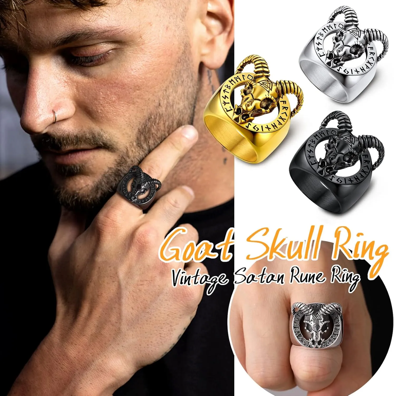 U7 Men's Punk Ring Stainless Steel Black Gold Color Signet Ring, Cool Costume Rings -with Gift Box