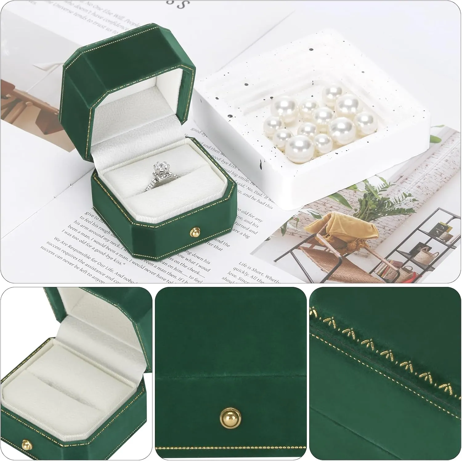 Velvet Wedding Ring Gift Box, Small Jewelry Ring Earring Studs Display Holder Case for Wedding Day Proposal Engagement Anniversary for Women Girl (Green)