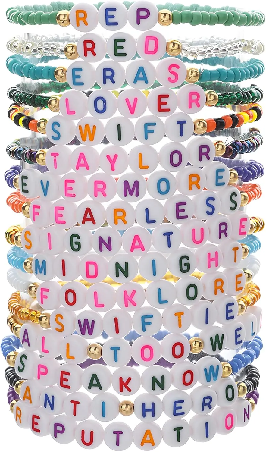 Vibrant Friendship Bracelets, Set of 16 Beaded and Heishi Bracelets, Album-Inspired Letter Designs, Trendy Preppy Stackable Surfer Bracelets