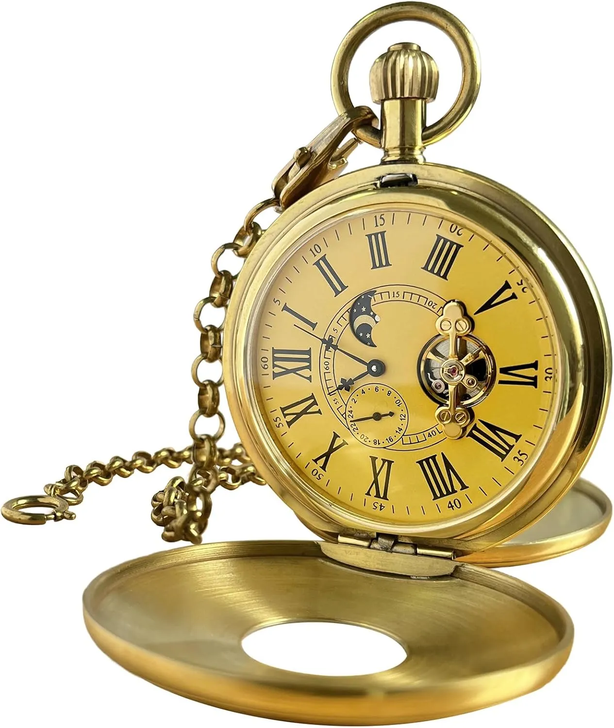 VIGOROSO Mechanical Hand-Wind Pocket Watch for Men, Half Hunter Double Covers 24-Hour Day Moon Phase, Luxury Watches with Tourbillon in Box