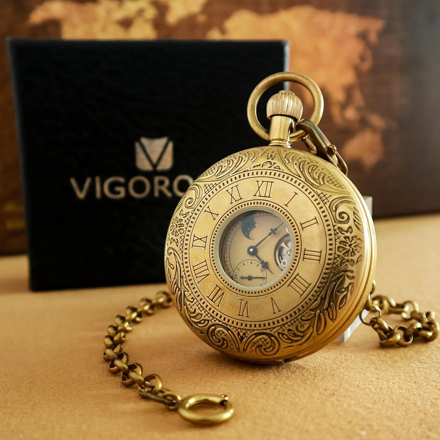 VIGOROSO Mechanical Hand-Wind Pocket Watch for Men, Half Hunter Double Covers 24-Hour Day Moon Phase, Luxury Watches with Tourbillon in Box