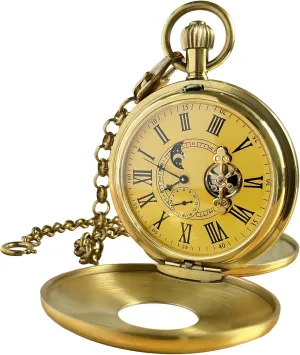 VIGOROSO Mechanical Hand-Wind Pocket Watch for Men, Half Hunter Double Covers 24-Hour Day Moon Phase, Luxury Watches with Tourbillon in Box