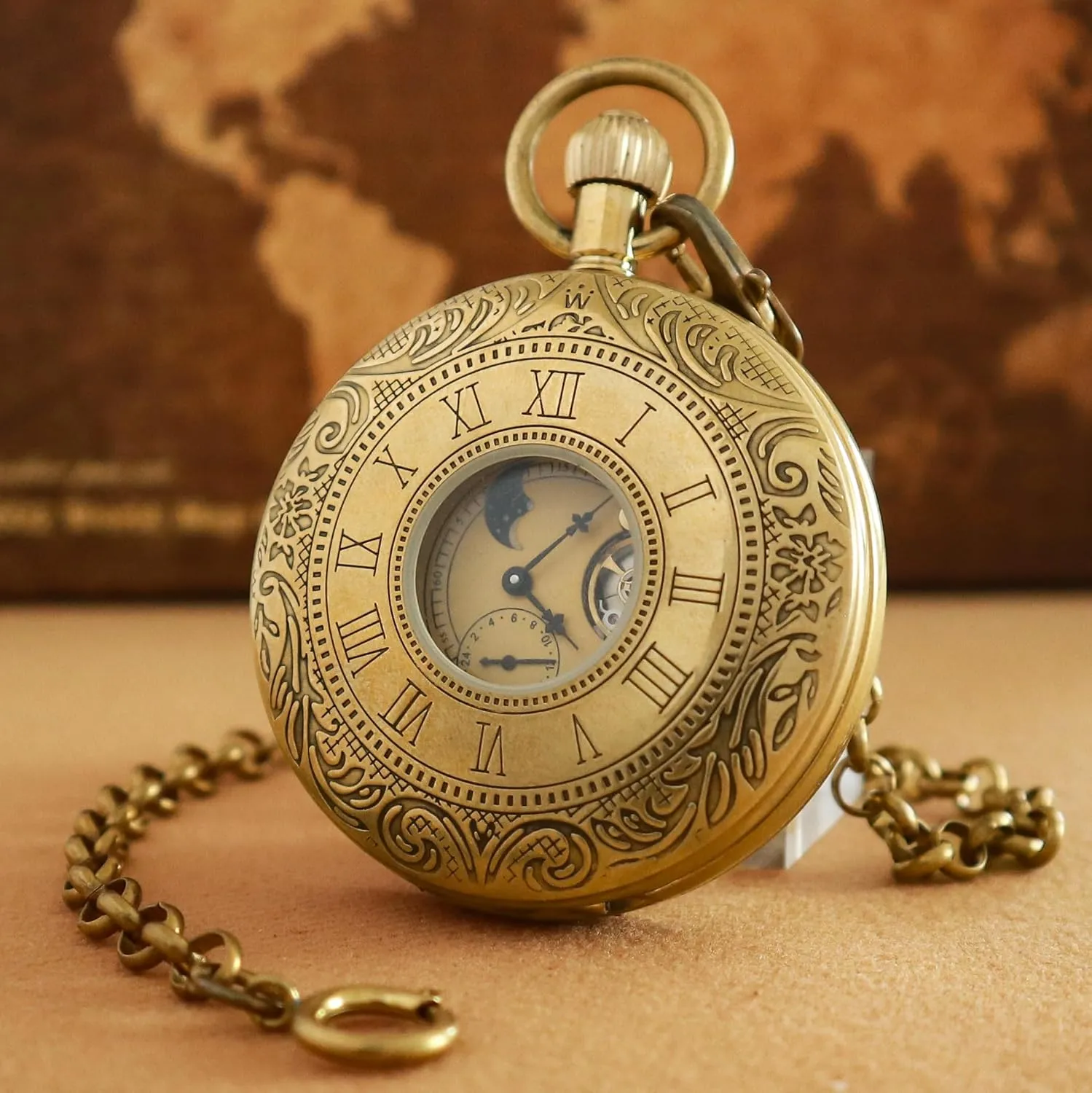 VIGOROSO Mechanical Hand-Wind Pocket Watch for Men, Half Hunter Double Covers 24-Hour Day Moon Phase, Luxury Watches with Tourbillon in Box