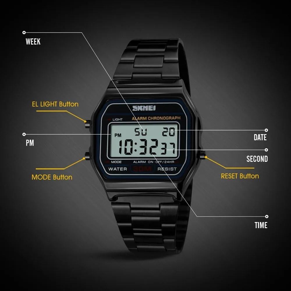 VIGOROSO Men Lady Vintage Retro Gold Stainless Steel Digital Casual Watch Alarm Stopwatch