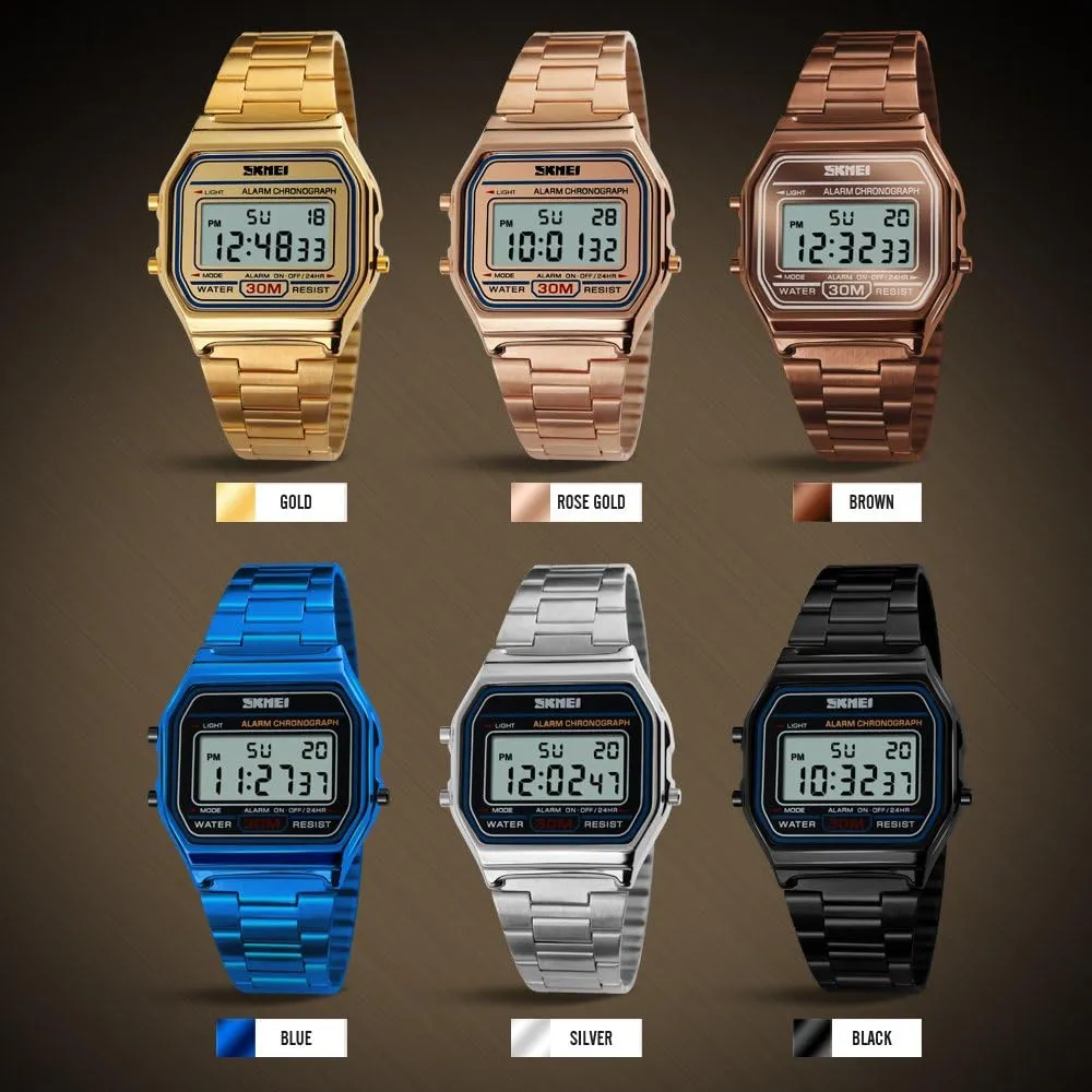 VIGOROSO Men Lady Vintage Retro Gold Stainless Steel Digital Casual Watch Alarm Stopwatch