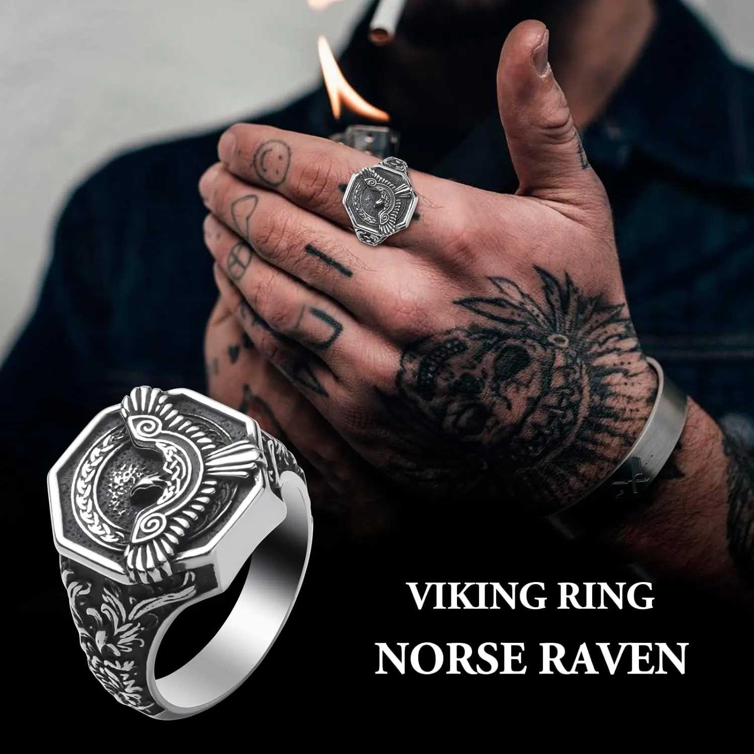 Viking Rings Stainless Steel Viking Norse Runes Wolf Raven Tree of Life Band Ring Jewelry for Men Women Size 7/8/9/10/11/12/13