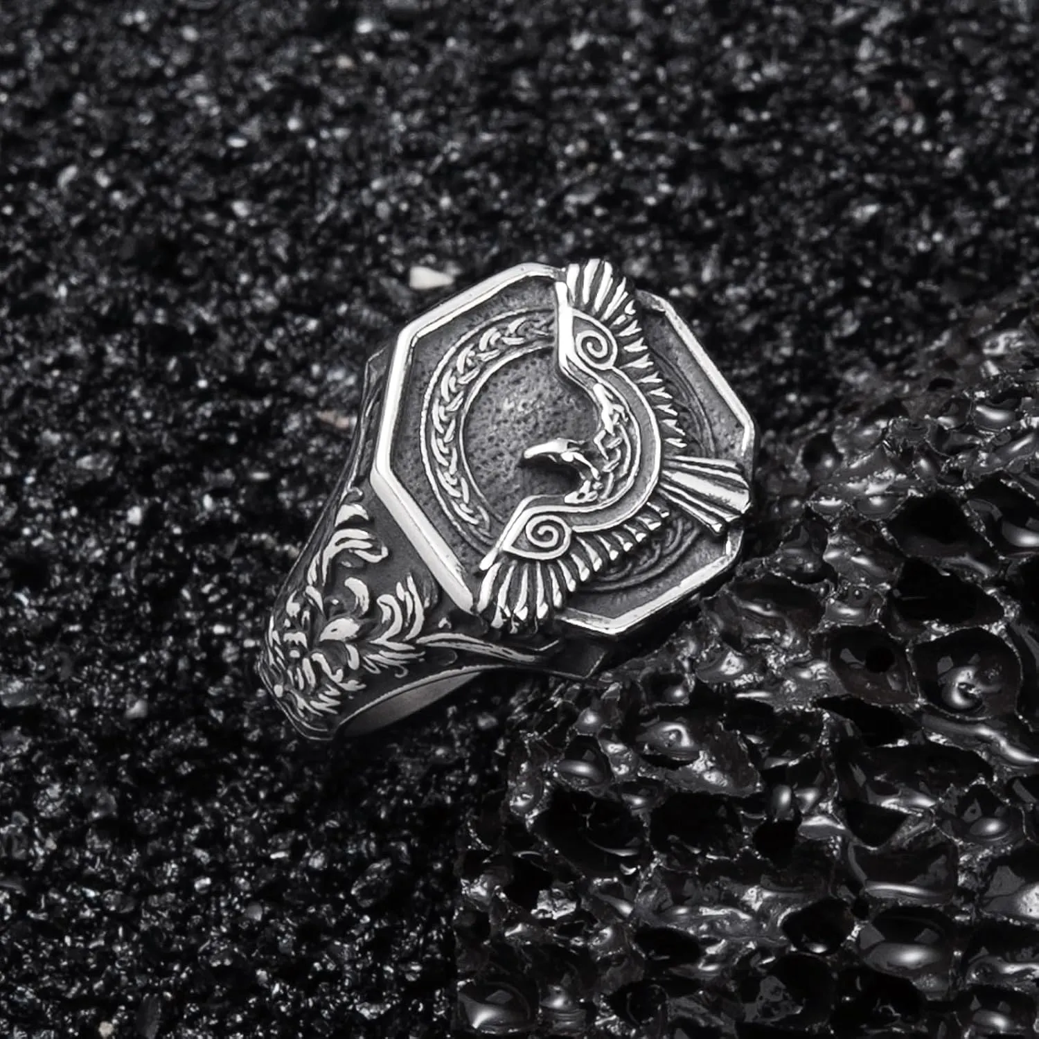 Viking Rings Stainless Steel Viking Norse Runes Wolf Raven Tree of Life Band Ring Jewelry for Men Women Size 7/8/9/10/11/12/13