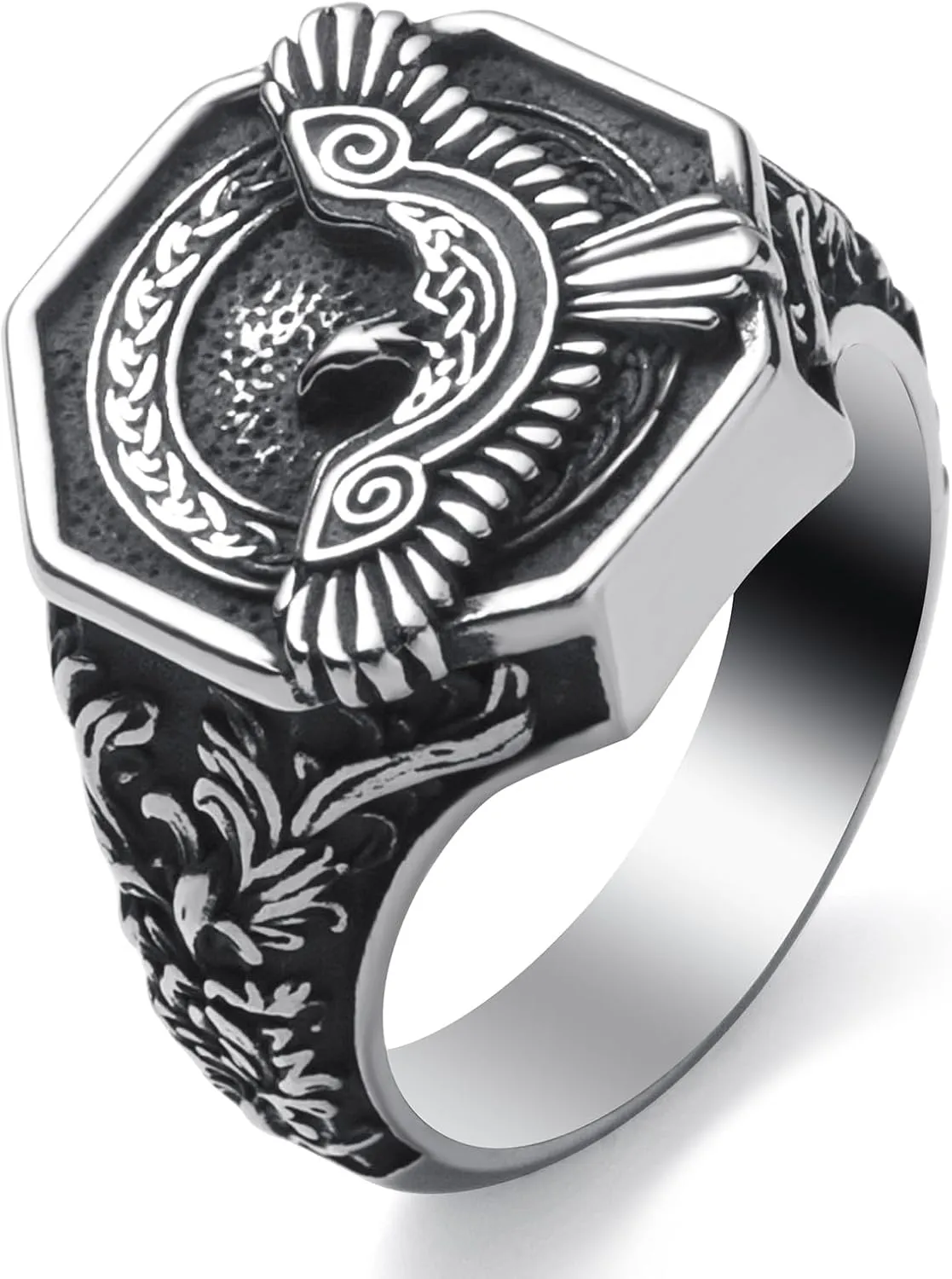 Viking Rings Stainless Steel Viking Norse Runes Wolf Raven Tree of Life Band Ring Jewelry for Men Women Size 7/8/9/10/11/12/13