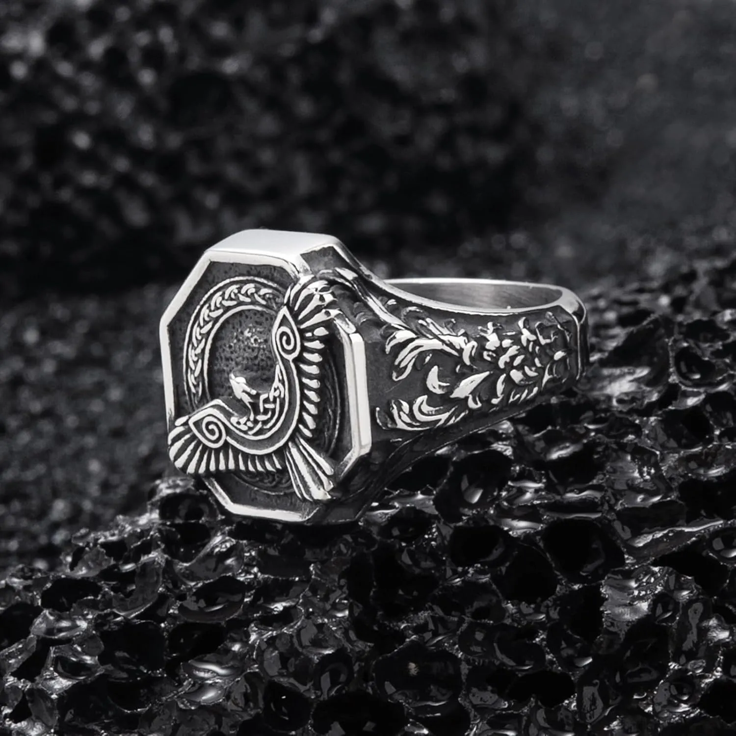 Viking Rings Stainless Steel Viking Norse Runes Wolf Raven Tree of Life Band Ring Jewelry for Men Women Size 7/8/9/10/11/12/13