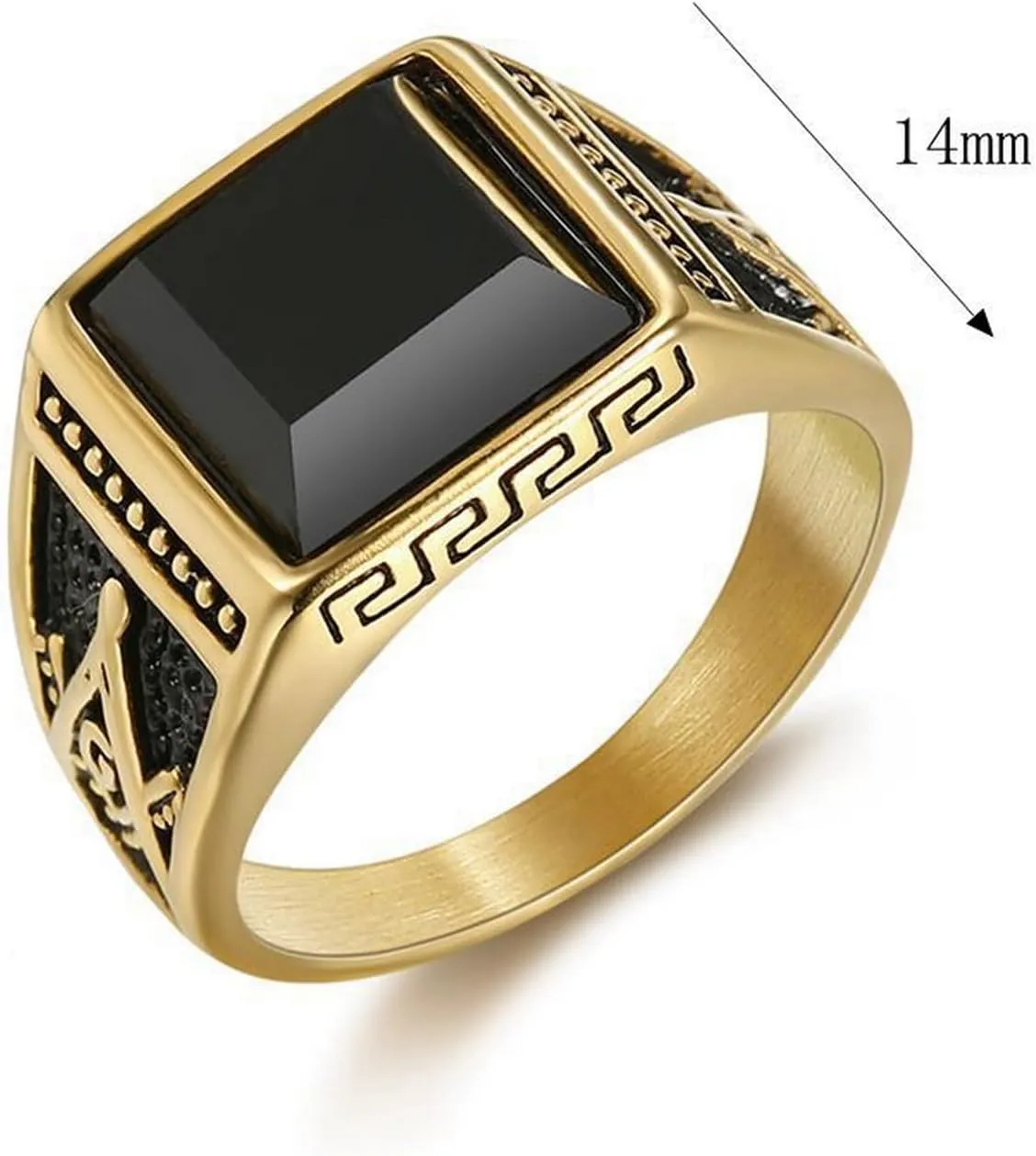 Vintage Black Stone Onyx Signet Ring for Men,Antique Stainless Steel Gold-Plated Ring Freemasonry Masonic Agate Pinky Ring Titanium Steel Ring Gemstone Signet Unique Fashion Biker Jewelry, Large