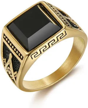 Vintage Black Stone Onyx Signet Ring for Men,Antique Stainless Steel Gold-Plated Ring Freemasonry Masonic Agate Pinky Ring Titanium Steel Ring Gemstone Signet Unique Fashion Biker Jewelry, Large