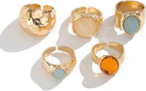 Vintage Chunky Open Rings Set Gold Punk Jewelry for Women Adjustable Open Geometric Knuckle Rings Set with Dome Edgy Fashion Body Festival Rave Accessories