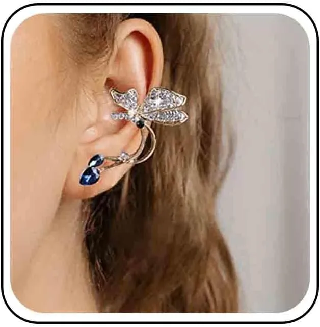 Vintage Crystal Butterfly Climber Earrings Rhinestone Butterfly Wrap Around Earrings Teardrop Sapphire Stud Earrings Gold Cz Butterfly Ear Cuff Earrings Jewelry for Women (Gold)
