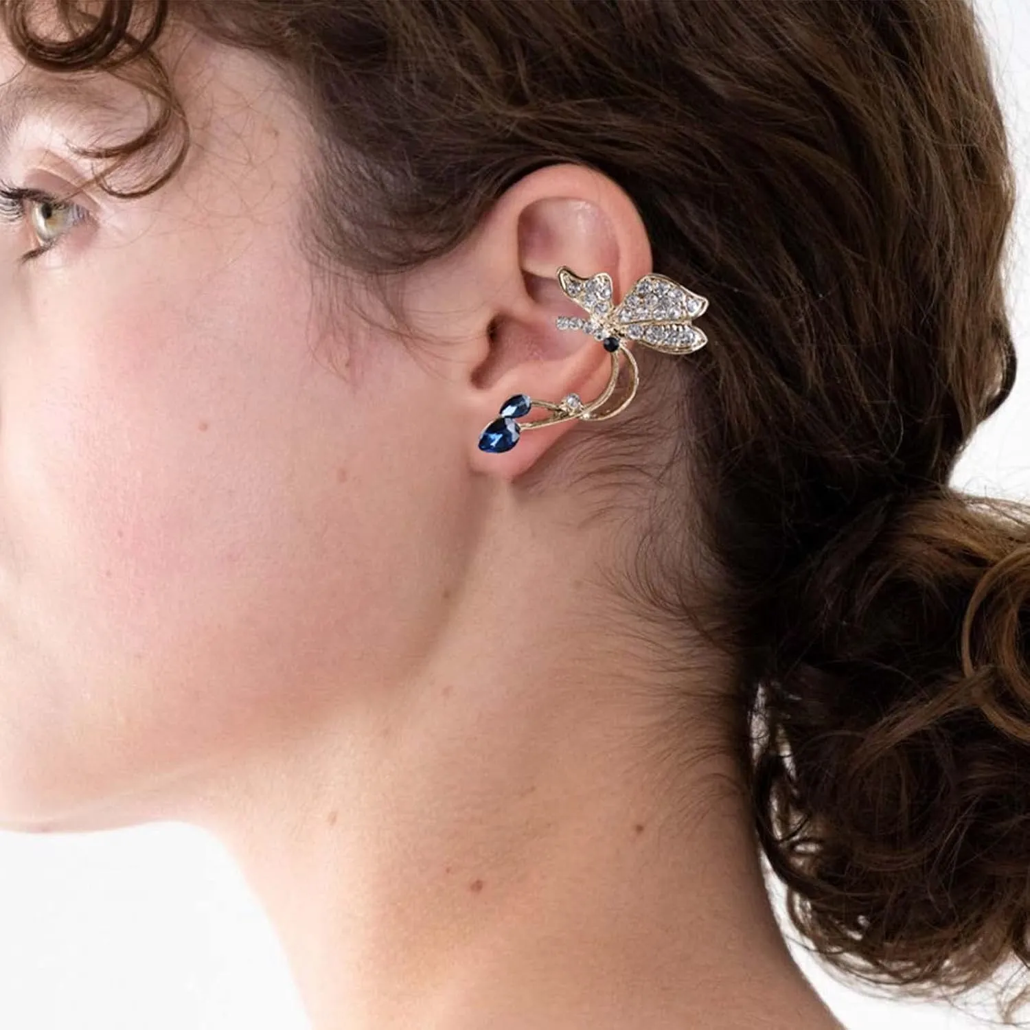 Vintage Crystal Butterfly Climber Earrings Rhinestone Butterfly Wrap Around Earrings Teardrop Sapphire Stud Earrings Gold Cz Butterfly Ear Cuff Earrings Jewelry for Women (Gold)