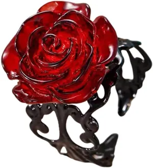 Vintage Dark Red Rose Flower Open Gothic Statement Ring for Women Adjustable Punk Goth 3D Floral Wrap Finger Band Rings Y2K Aesthetic Comfort Fit Valentine Cocktail Party Halloween Jewelry Gift
