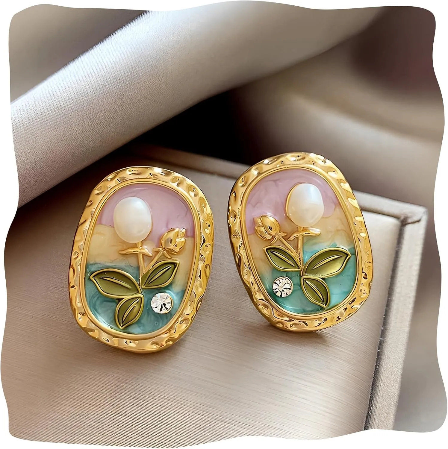 Vintage Enamel Earrings, Enamel Pearl Flower Stud Earrings for Women, Rainbow Vintage Earrings Van Gogh Oil Painting Style Jewelry