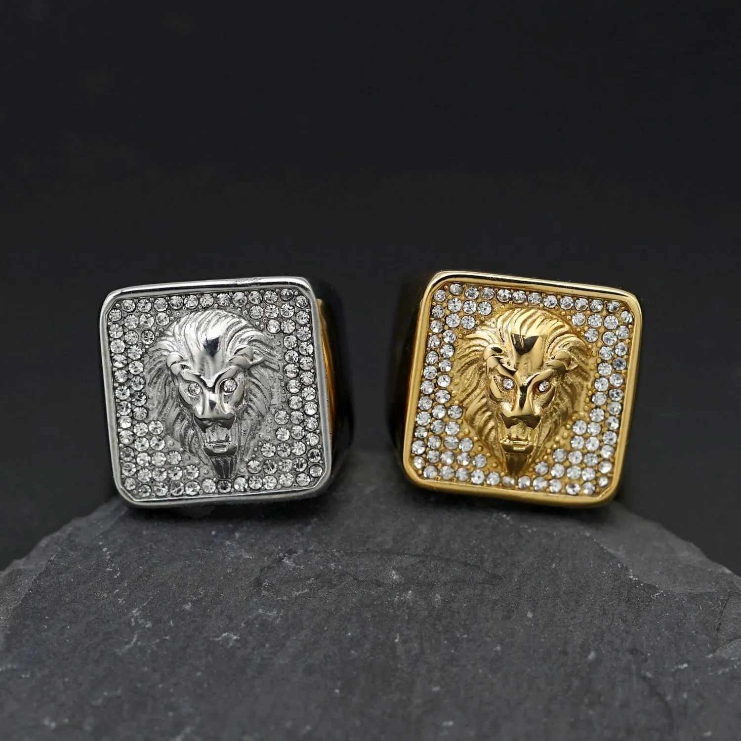 Vintage Fuax Diamond Carved Lion Head Signet Gold Plated Ring for Men,Animal Stainless Steel Iced Out Bling Square Top Thumb Pinky Ring,Pink Biker Cool Ring Fashion Pirate Rocker Jewelry