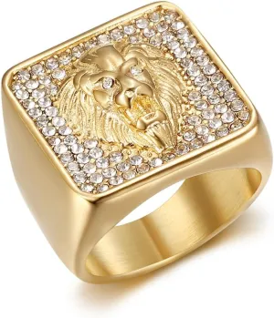 Vintage Fuax Diamond Carved Lion Head Signet Gold Plated Ring for Men,Animal Stainless Steel Iced Out Bling Square Top Thumb Pinky Ring,Pink Biker Cool Ring Fashion Pirate Rocker Jewelry