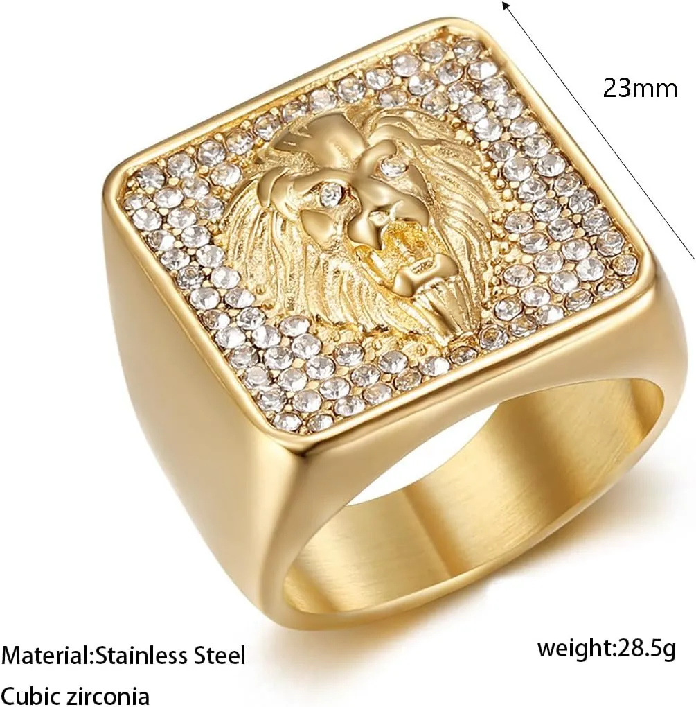 Vintage Fuax Diamond Carved Lion Head Signet Gold Plated Ring for Men,Animal Stainless Steel Iced Out Bling Square Top Thumb Pinky Ring,Pink Biker Cool Ring Fashion Pirate Rocker Jewelry