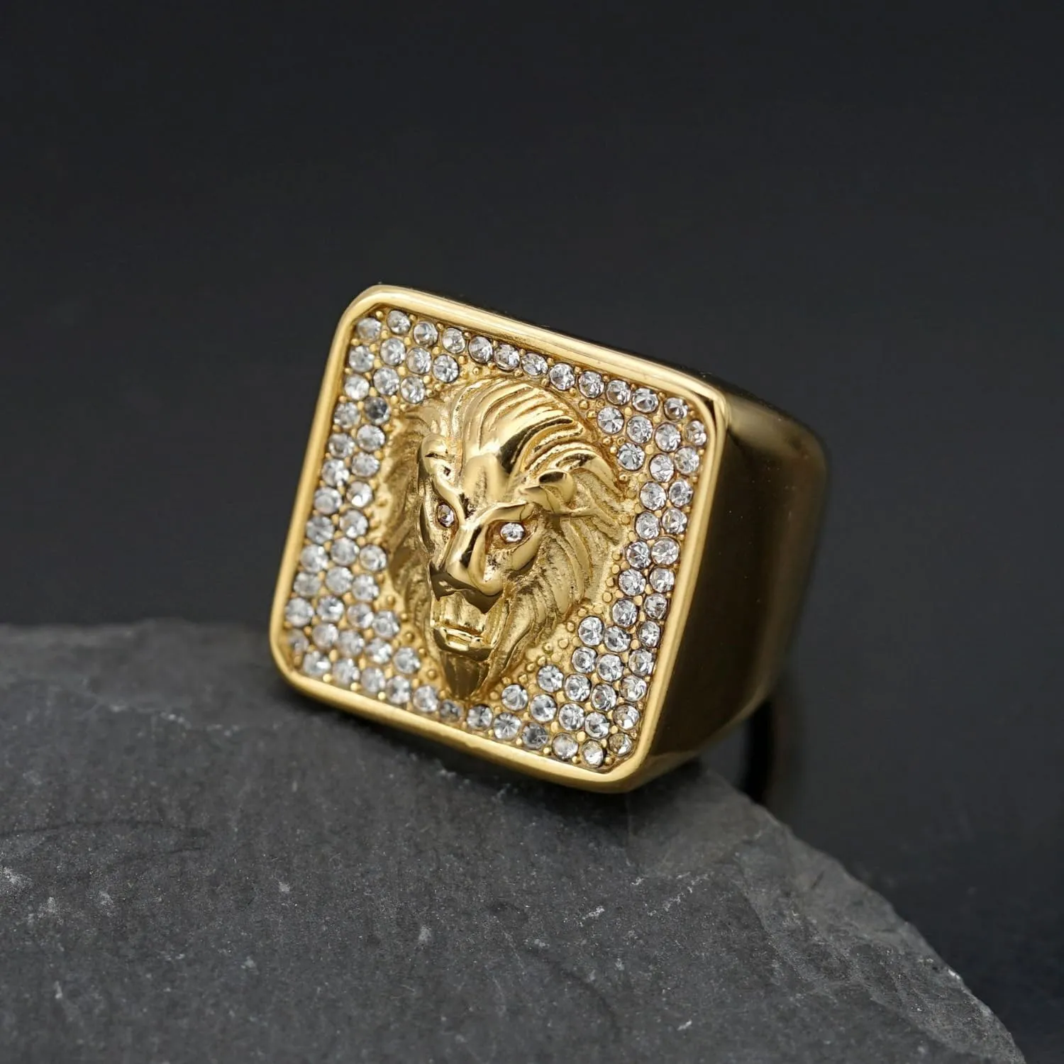 Vintage Fuax Diamond Carved Lion Head Signet Gold Plated Ring for Men,Animal Stainless Steel Iced Out Bling Square Top Thumb Pinky Ring,Pink Biker Cool Ring Fashion Pirate Rocker Jewelry