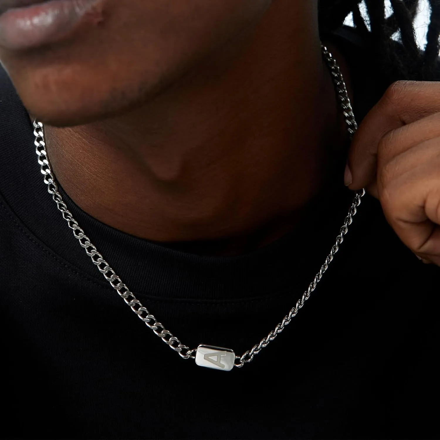 VNOX Silver/Gold/Black Initial Necklace for Men - A-Z Letter Necklaces Cuban Link Chain Pendant Neckless for Mens Womens Valentines Day Christmas Birthday Jewelry Gift