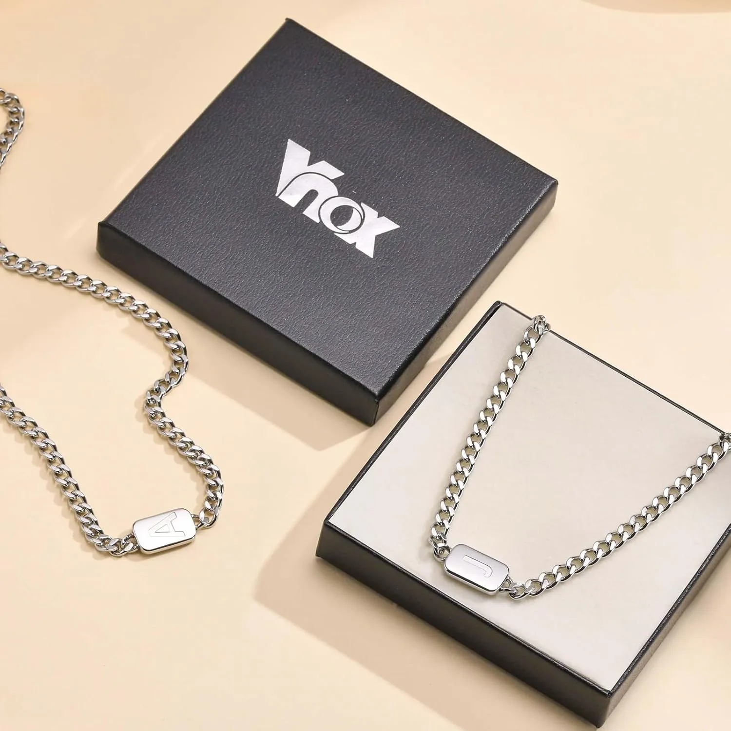 VNOX Silver/Gold/Black Initial Necklace for Men - A-Z Letter Necklaces Cuban Link Chain Pendant Neckless for Mens Womens Valentines Day Christmas Birthday Jewelry Gift