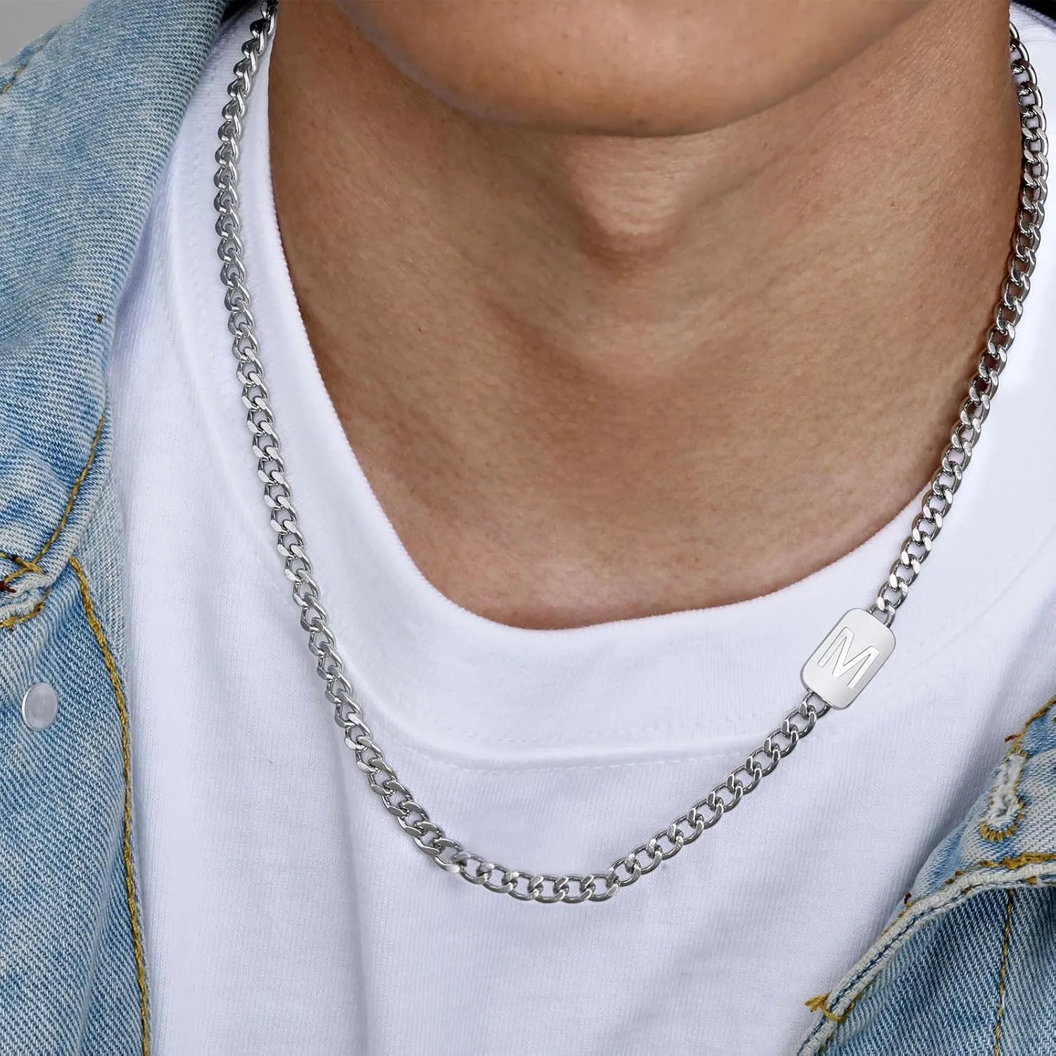 VNOX Silver/Gold/Black Initial Necklace for Men - A-Z Letter Necklaces Cuban Link Chain Pendant Neckless for Mens Womens Valentines Day Christmas Birthday Jewelry Gift