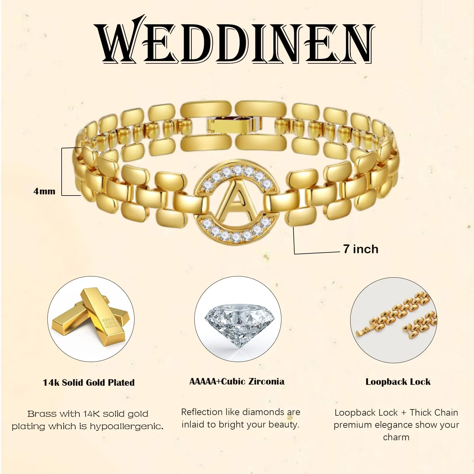 WEDDINEN Initial Bracelet,14K Gold Plated Letter Bracelets for Women, Thick Bangle Wrist Gold Alphabet Bracelet for Women, Christmas Gifts for Women Jewelry Initial S Charm Chain