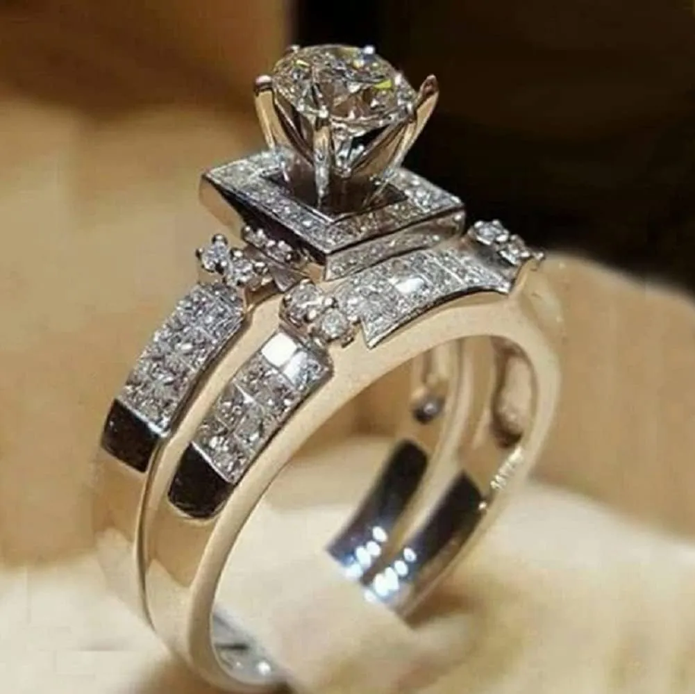 Wedding Bands Engagement Rings for Women Platinum Plated 925 Silver Cubic Zirconia Promise Rings for Her Infinity Anniversary 1.25ct Simulated Diamond 2-Pc Bridal Ring Set (8#)