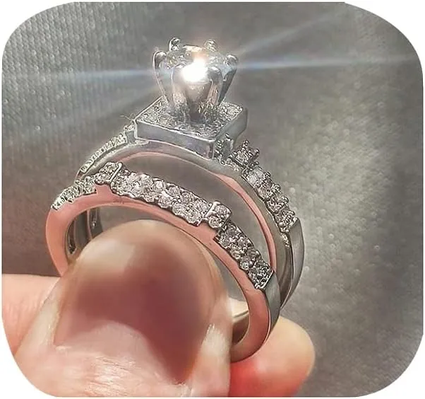 Wedding Bands Engagement Rings for Women Platinum Plated 925 Silver Cubic Zirconia Promise Rings for Her Infinity Anniversary 1.25ct Simulated Diamond 2-Pc Bridal Ring Set (8#)
