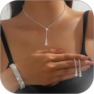 Wedding Jewelry Sets for Brides Rhinestone Necklace and Earring Set Bracelet Ring Gold Silver Prom Jewelry Sets Diamond Flower Teardrop Necklace for Women