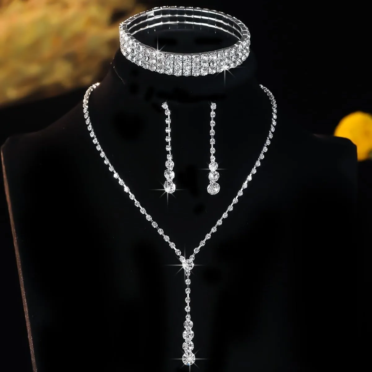 Wedding Jewelry Sets for Brides Rhinestone Necklace and Earring Set Bracelet Ring Gold Silver Prom Jewelry Sets Diamond Flower Teardrop Necklace for Women